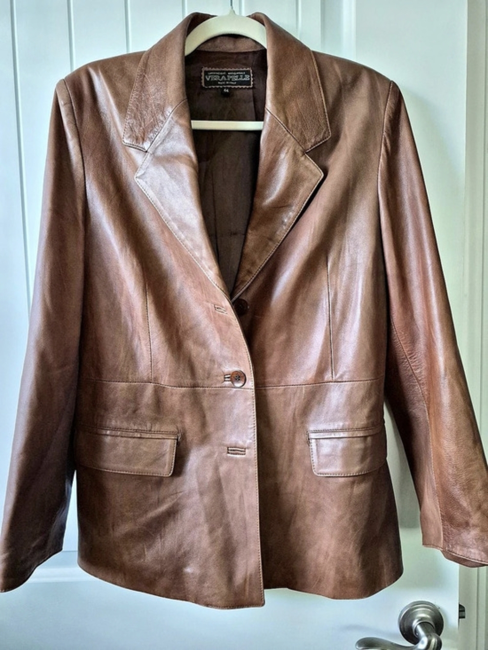 Italian Leather Vera Pelle Brown Cognac 90s Style Jacket Blazer Size 44
